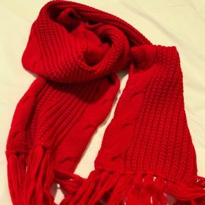 EXPESS bright red 100% acrylic cable knit long scarf. Long fringe. Lengt…